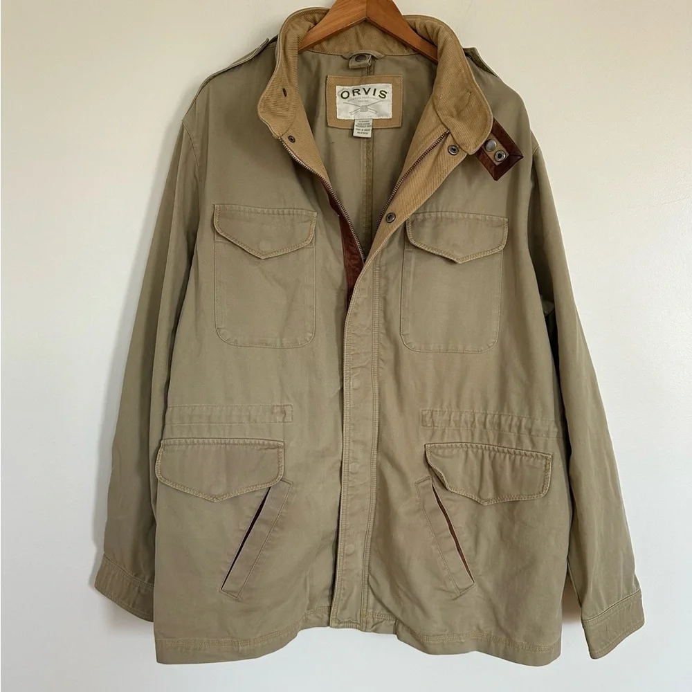 ORVIS Vintage Khaki Beige Chore Canvas Field Utility Jacket Size XL 46-48